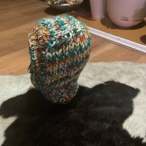 Orange and Green Chunky Knit Hat with Ties